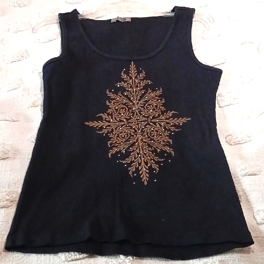One World ⚜️ Ornate Black Gold Detail Design Silver Embelished  Top  XL ⚜️ ⚜️